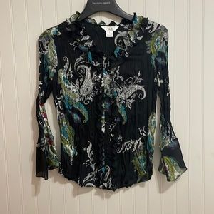 Sheer Paisley print Ruffled Collar Blouse with Bell Sleeves in S